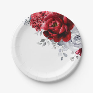 Assiettes En Carton Mariage floral brillant rouge blanc argenté métall