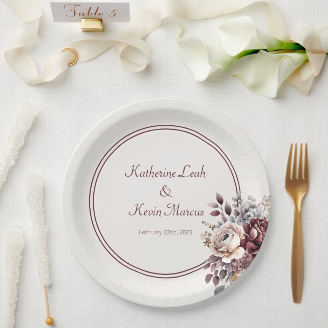 Assiettes En Carton Mariage floral Champagne et Burgandy (Mariage)