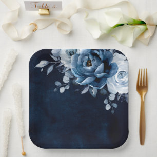Assiettes En Carton Mariage floral de la marine d'ardoise bleu Dusty P