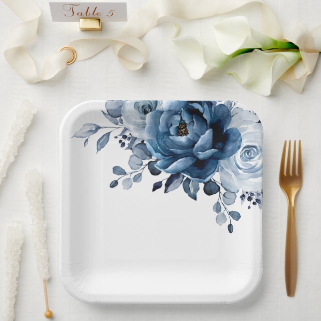 Assiettes En Carton Mariage floral de la marine d'ardoise bleu Dusty P (Mariage)
