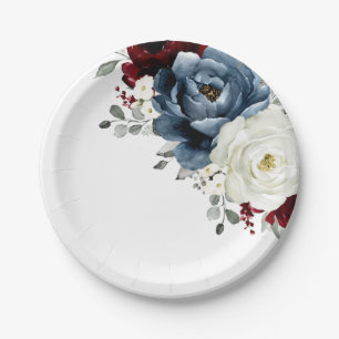 Assiettes En Carton Mariage floral d'ivoire blanc bleu ardoise