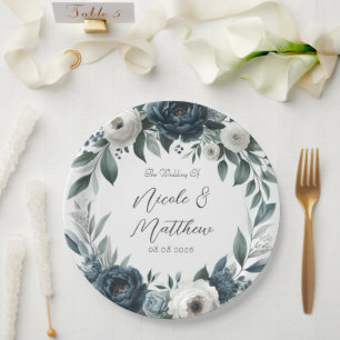 Assiettes En Carton Mariage floral d'ivoire élégant bleu marine et arg