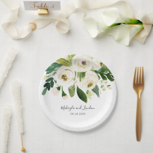Assiettes En Carton Mariage Floral Élégant à l'Aquarelle Blanche