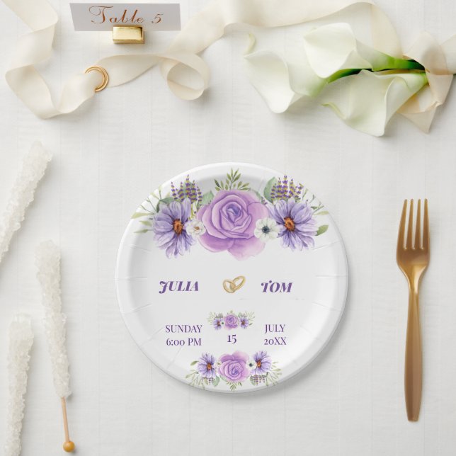 Assiettes En Carton Mariage Floral Élégant à l'Aquarelle Violette (Mariage)
