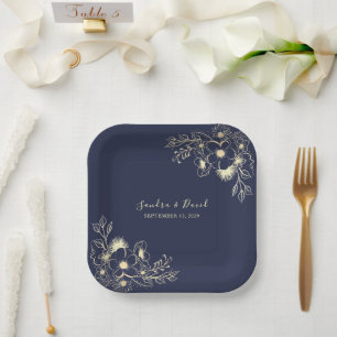 Assiettes En Carton Mariage floral élégant bleu marine et or 