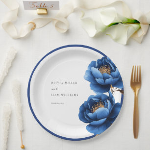 Assiettes En Carton Mariage Floral Élégant Bleu Nuit Or