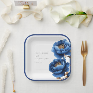 Assiettes En Carton Mariage Floral Élégant Bleu Nuit Or