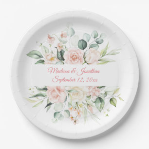 Assiettes En Carton Mariage Floral Élégant rose Chic Date Script