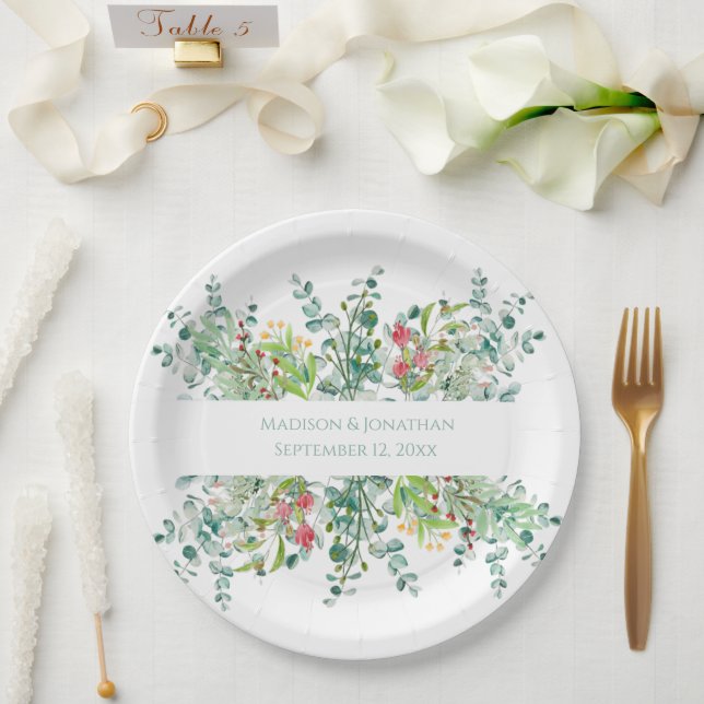 Assiettes En Carton Mariage Floral Elégant Verdure Aquarelle Noms (Mariage)