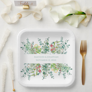 Assiettes En Carton Mariage Floral Elégant Verdure Aquarelle Noms
