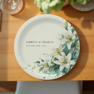 Assiettes En Carton Mariage Floral Élégant Vert Sauge Vallée des Lys