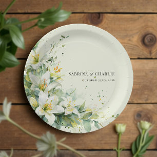 Assiettes En Carton Mariage Floral Élégant Vert Sauge Vallée du Lys