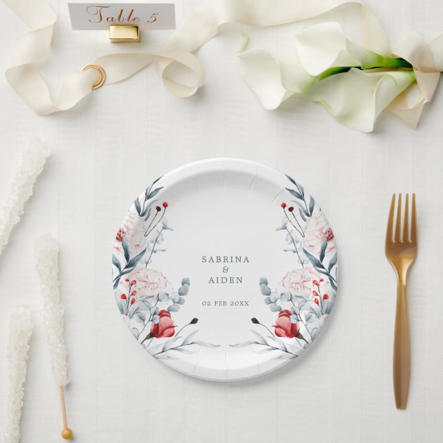 Assiettes En Carton Mariage Floral Fleur Rouge Et Bleu (Mariage)