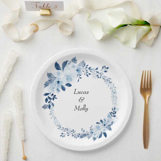 Assiettes En Carton Mariage Floral Français Moderne Bleu (Mariage)