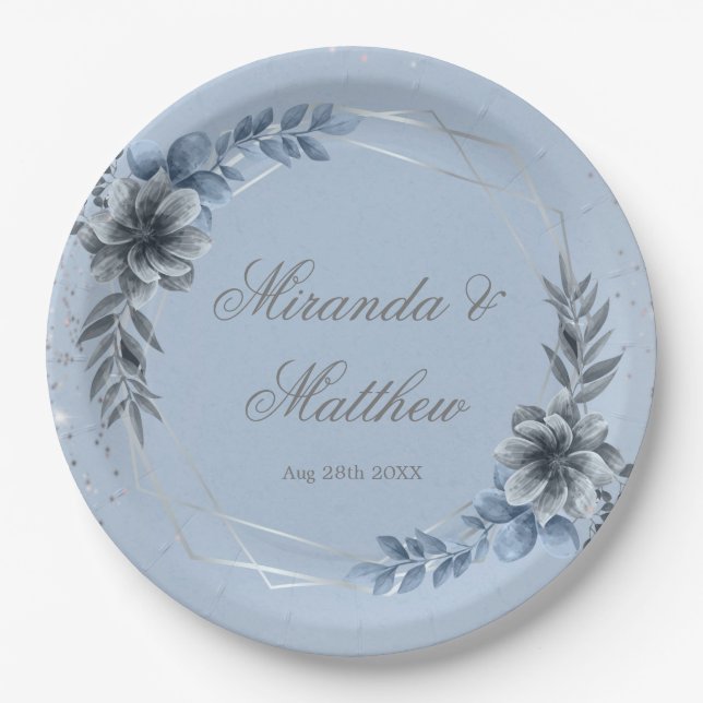 Assiettes En Carton Mariage Floral Géométrique Bleu Et Argent (Devant)