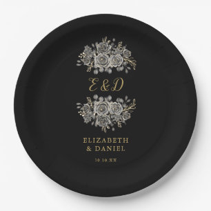 Assiettes En Carton Mariage Floral Gothique Monogramme Or Noir
