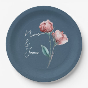 Assiettes En Carton Mariage Floral Moderne Aquarelle Gris Bleu Poussié