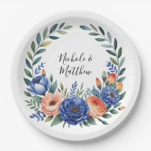 Assiettes En Carton Mariage Floral Orange et Bleu Cobalt