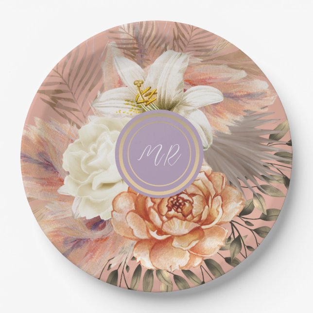 Assiettes En Carton Mariage floral Peach Lilac (Devant)