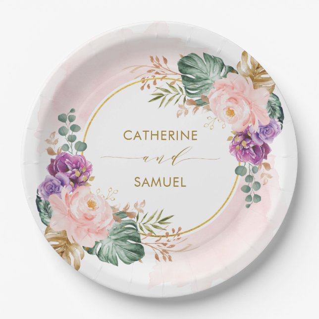 Assiettes En Carton Mariage floral pourpre et brun tropical de Boho cl (Devant)