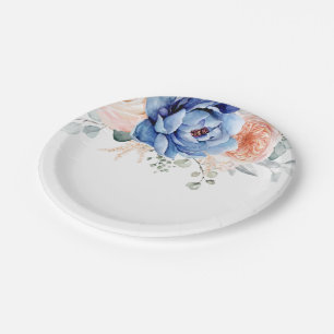 Assiettes En Carton Mariage floral rose bleu marine 