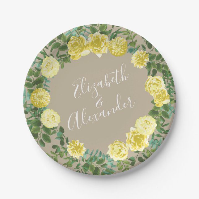 Assiettes En Carton Mariage floral Rose de Khaki Ecru jaune clair (Devant)