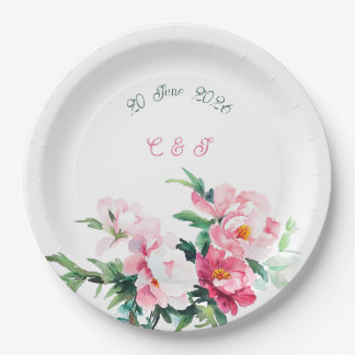 Assiettes En Carton Mariage Floral Rose Pâle Pivoine & Eucalyptus