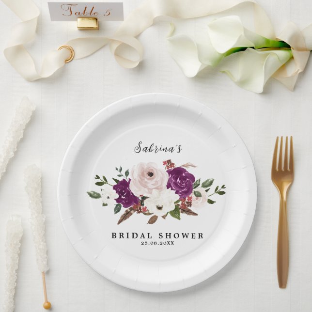 Assiettes En Carton Mariage floral rose rose rose prune moderne (Mariage)