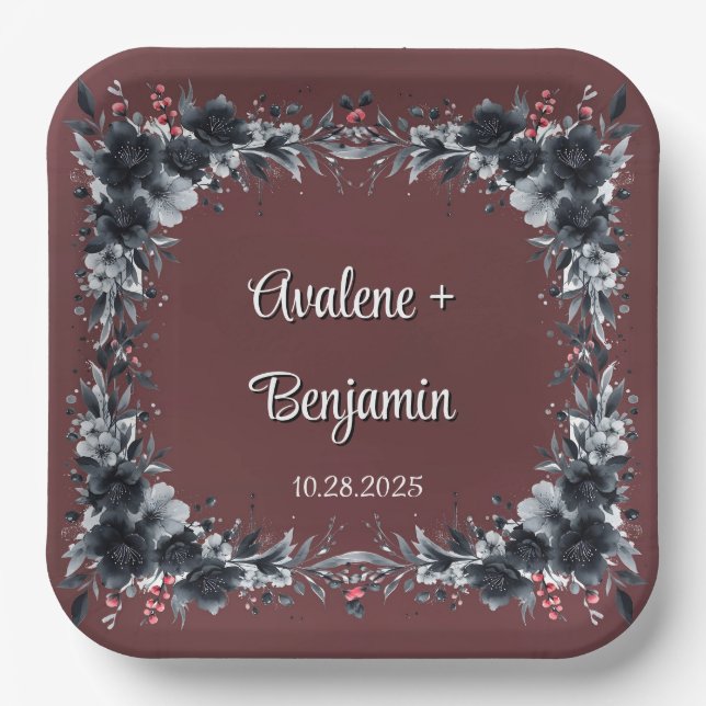 Assiettes En Carton Mariage floral rouge gothique noir sang (Recto)