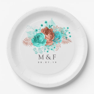 Assiettes En Carton Mariage floral tropical turquoise et corail