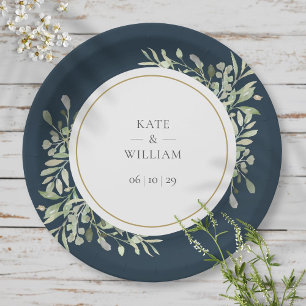 Assiettes En Carton Mariage floral verdoyant bleu profond moderne