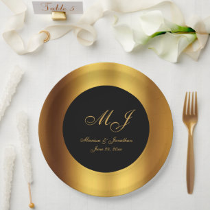 Assiettes En Carton Mariage frontalier de luxe Black Gold Calligraphie