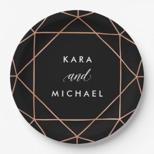 Assiettes En Carton Mariage géométrique   Faux Rose Gold sur Noir