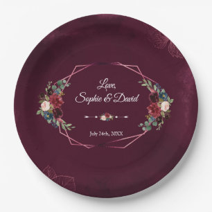 Assiettes En Carton Mariage Géométrique Floral Bourgogne Royal