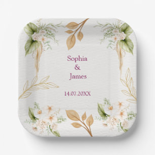 Assiettes En Carton Mariage géométrique floral doré rose