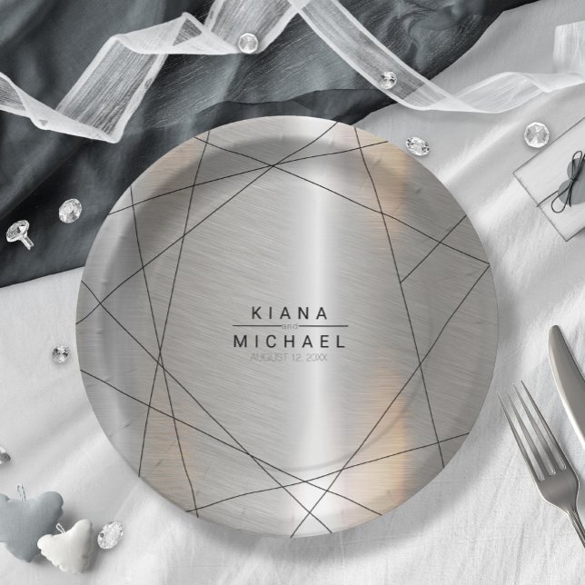 Assiettes En Carton Mariage géométrique métallique Argent/Noir ID648 (Créateur téléchargé)