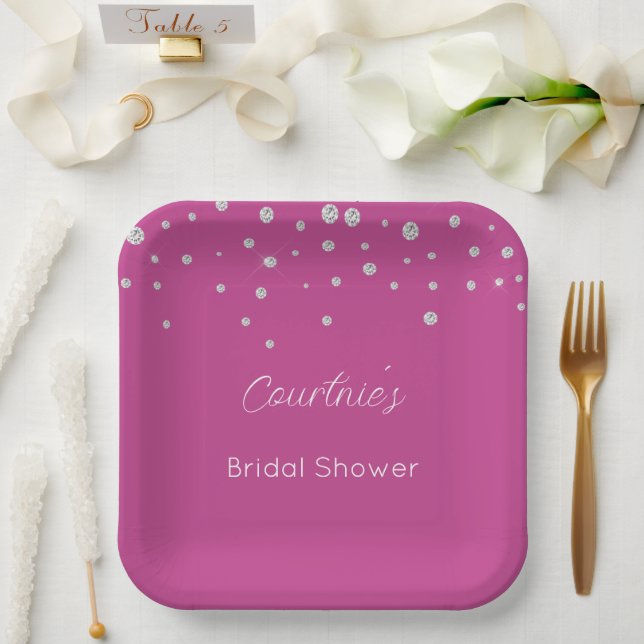 Assiettes En Carton Mariage Glam Rose Blanc Diamants Douche (Mariage)