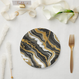Assiettes En Carton Mariage Glamour Aspect Marbre Noir Blanc Or Chic