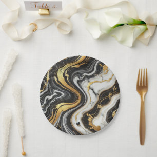 Assiettes En Carton Mariage Glamour Aspect Marbre Noir Blanc Or Liquid