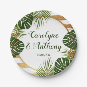 Assiettes En Carton Mariage Gold Foil & Green Palm Leaf Beach