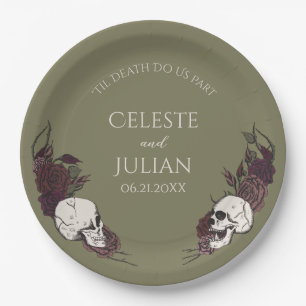 Assiettes En Carton Mariage gothique aux fleurs vert olive et crâne