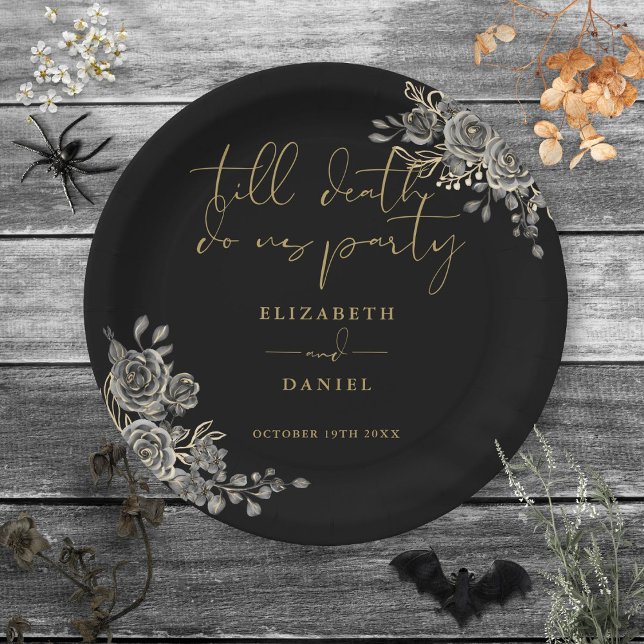 Assiettes En Carton Mariage gothique floral Roses noires et or (Black And Gold Roses Floral Gothic Wedding Paper Plates)