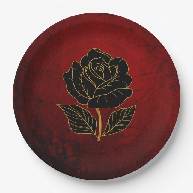 Assiettes En Carton Mariage gothique noir Rose sang rouge (Devant)