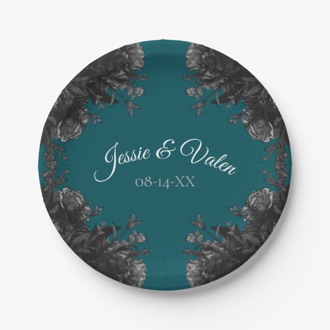 Assiettes En Carton Mariage gothique Rose gris-noir turquoise (Devant)