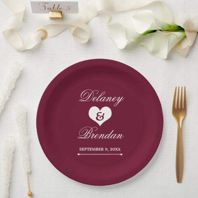 Assiettes En Carton Mariage Heartline (bordeaux) (Mariage)