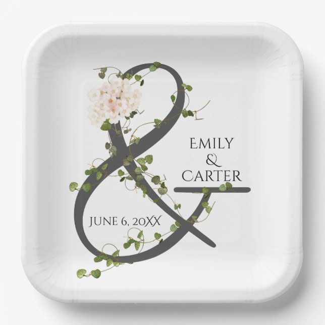 Assiettes En Carton Mariage Hydrangea et Ivy Ampersand (Recto)