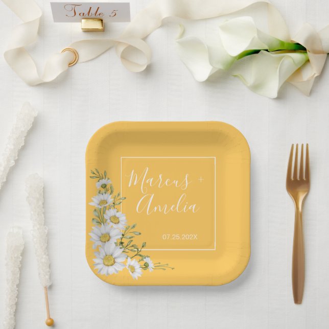Assiettes En Carton Mariage Jolies Jonquilles Jaunes et Marguerites Bl (Mariage)