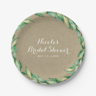 Assiettes En Carton Mariage Kraft Rustique Feuilles Vertes Aquarelle