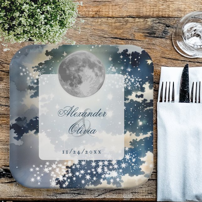 Assiettes En Carton Mariage lunaire de nuit (Lunar Night Sky Wedding Paper Plates)
