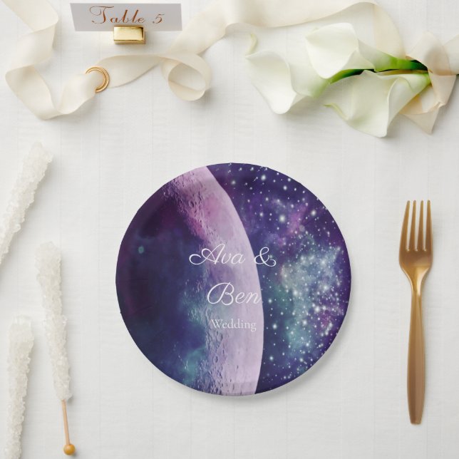 Assiettes En Carton Mariage Lune Galaxie Violet Céleste  (Mariage)
